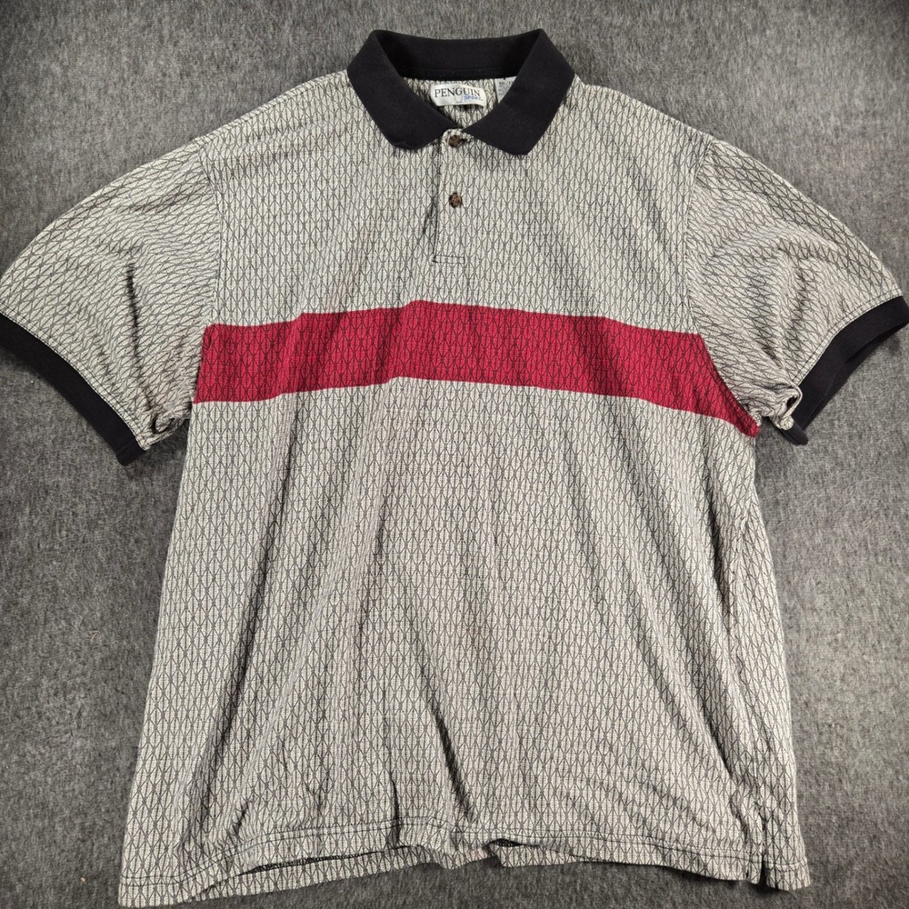 Vintage Penguin Sport Polo Shirt Mens XXL Gray Red Geometric Print Short Sleeve